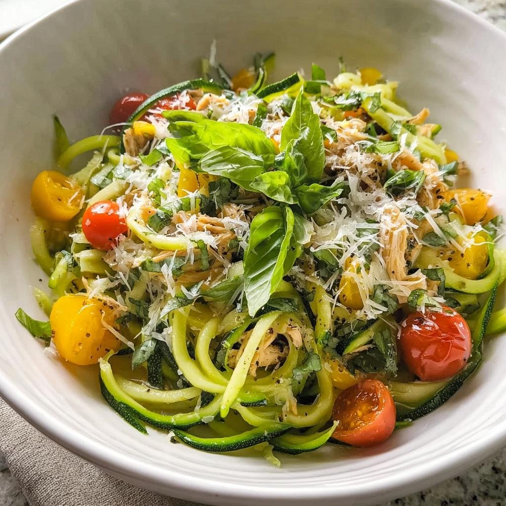 A vibrant Low-Carb Zucchini Noodle Bowl filled with spiralized zucchini, cherry tomatoes, herbs, and shredded chicken, topped with Parmesan cheese.