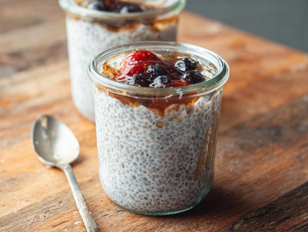 Close-up of a glass jar filled with creamy low-sugar chia pudding, topped with berries and a drizzle of syrup.