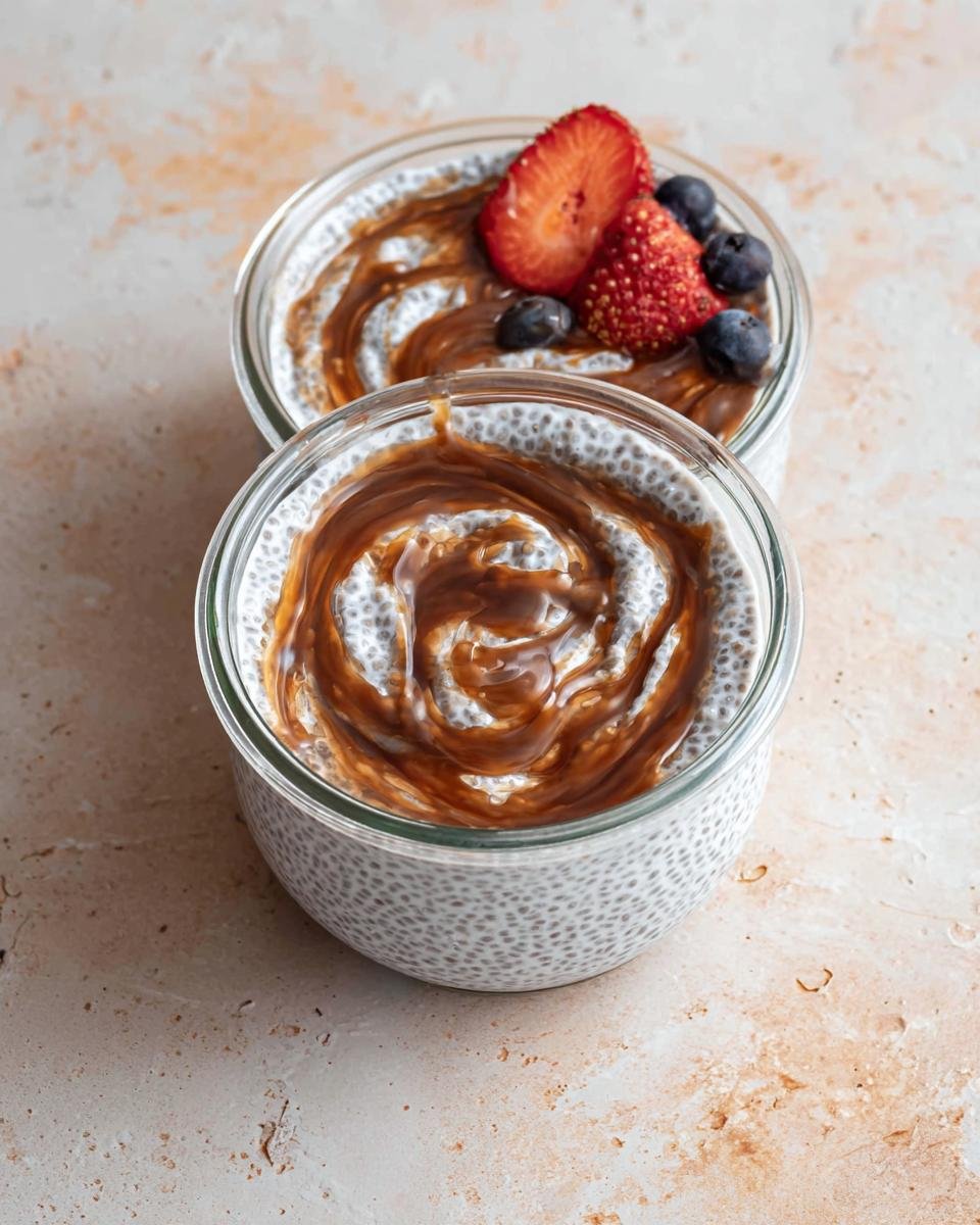 Two glasses of low-sugar chia pudding topped with caramel sauce and fresh berries.