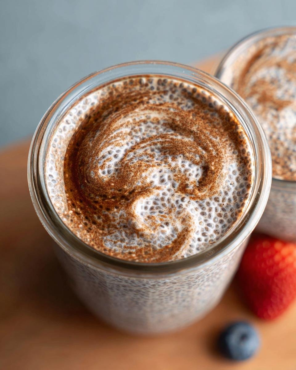 Close-up of a glass jar filled with creamy low-sugar chia pudding, topped with a cinnamon swirl and fresh berries.