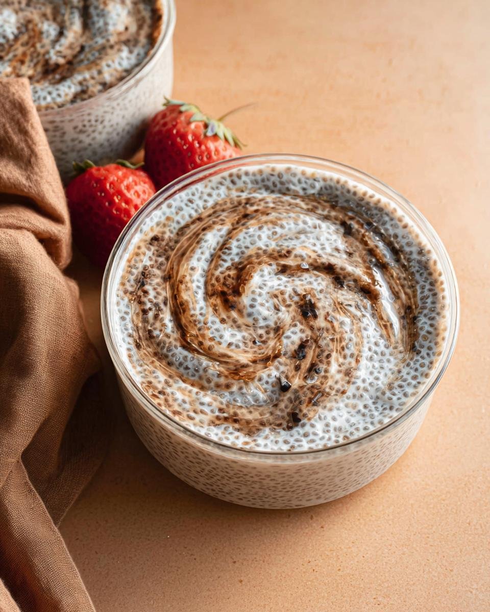 Close-up of a bowl of Low-Sugar Chia Pudding with chocolate swirls and fresh strawberries.