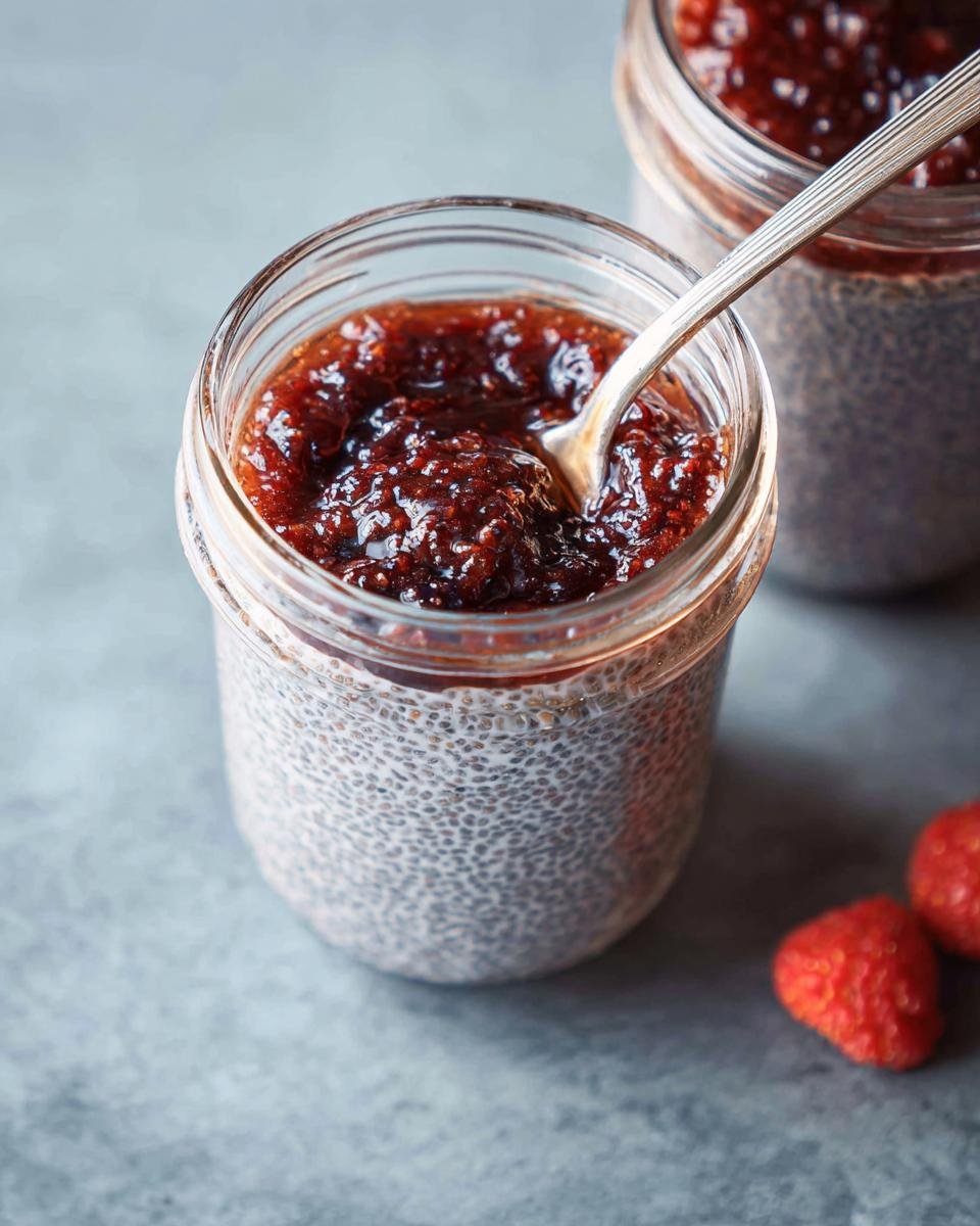 Close-up of a jar filled with Low-Sugar Chia Pudding topped with a spoonful of strawberry compote.