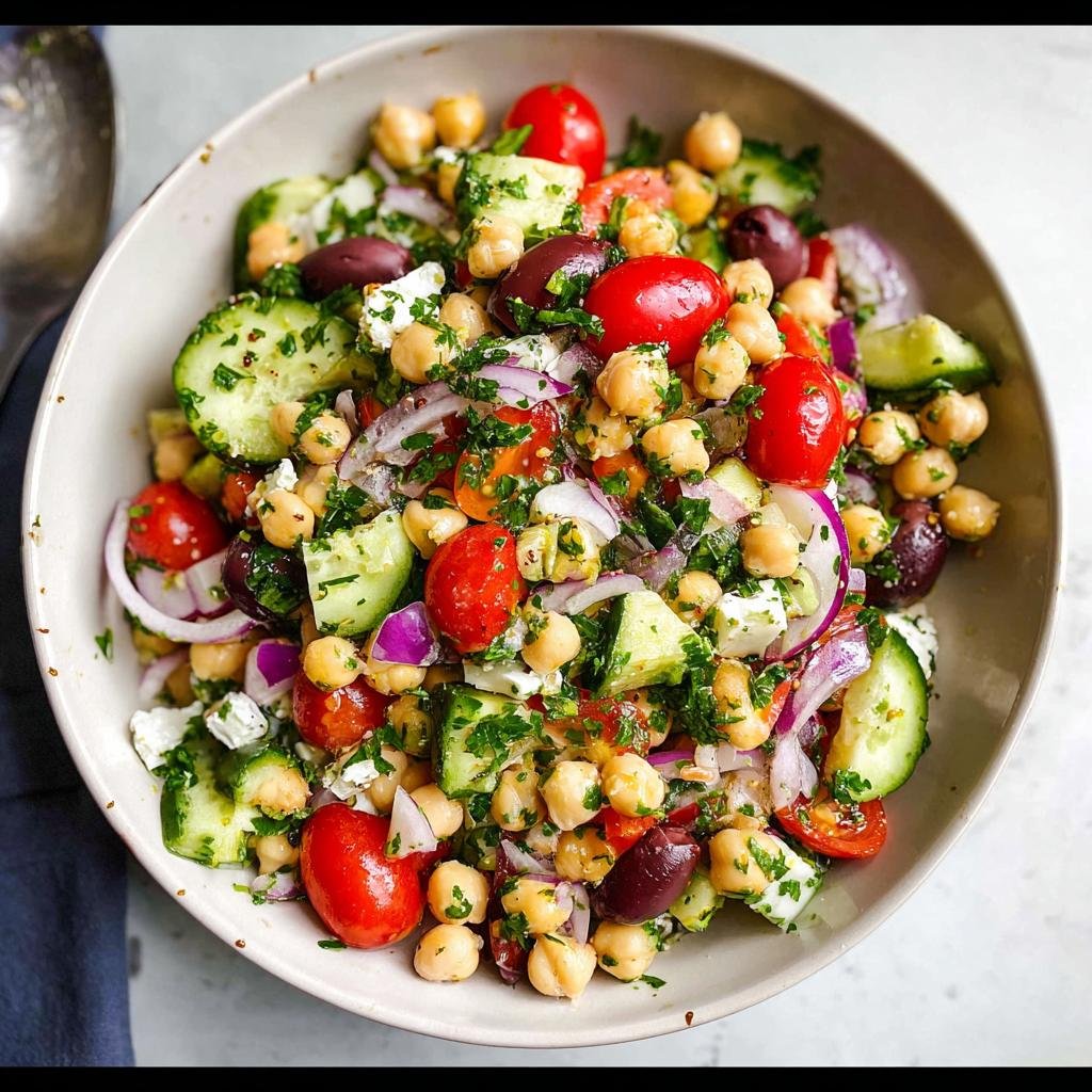 A vibrant bowl of Mediterranean Chickpea Salad with chickpeas, tomatoes, cucumbers, olives, red onion, and feta cheese.