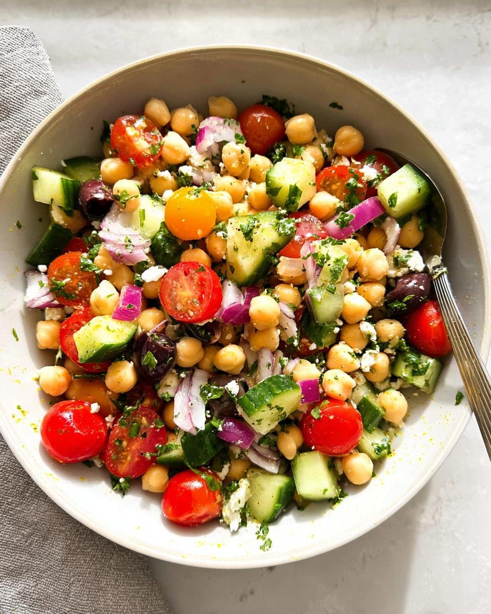 A close-up of a bowl filled with Mediterranean Chickpea Salad, featuring chickpeas, tomatoes, cucumber, red onion, olives, and feta.