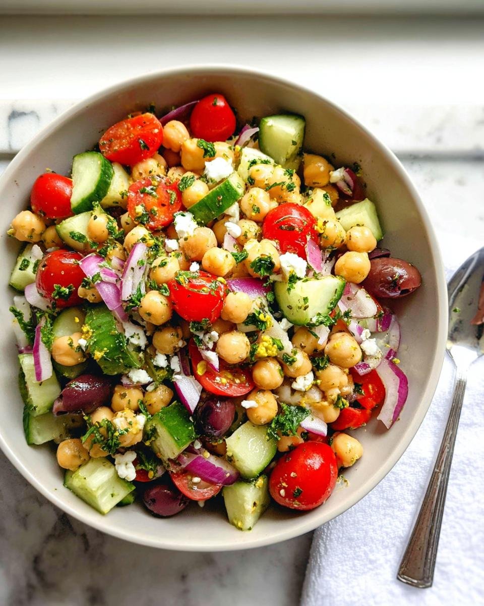A vibrant bowl of Mediterranean Chickpea Salad featuring chickpeas, tomatoes, cucumbers, red onion, olives, and feta cheese.