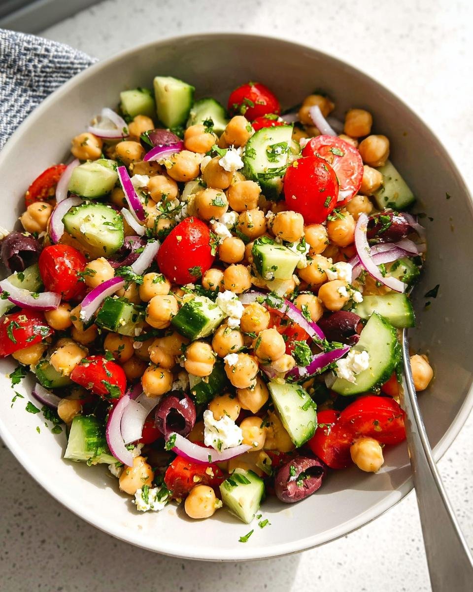 A vibrant bowl of Mediterranean Chickpea Salad with chickpeas, cucumber, tomatoes, olives, red onion, and feta cheese.