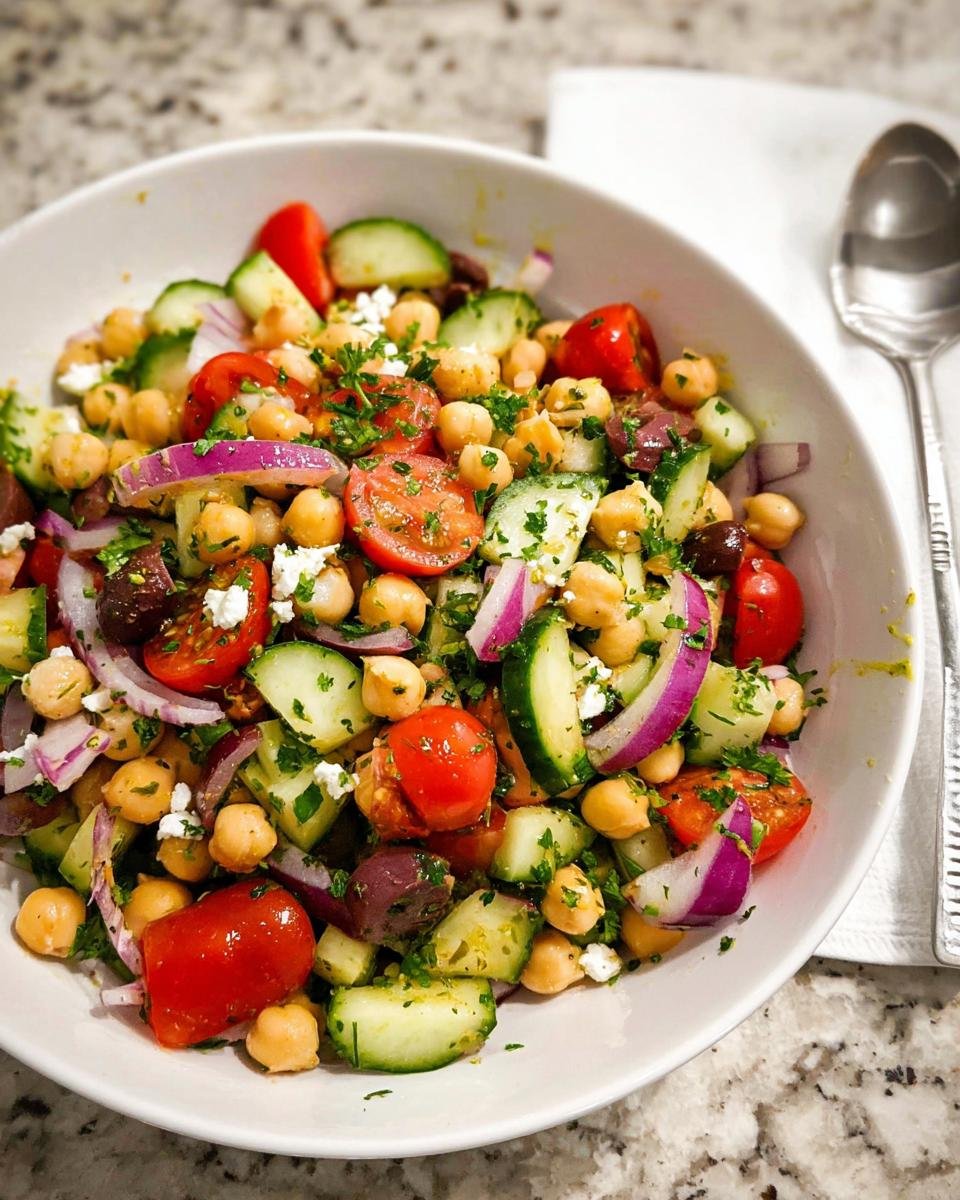 A vibrant bowl of Mediterranean Chickpea Salad with cucumbers, tomatoes, red onion, olives, and feta cheese.