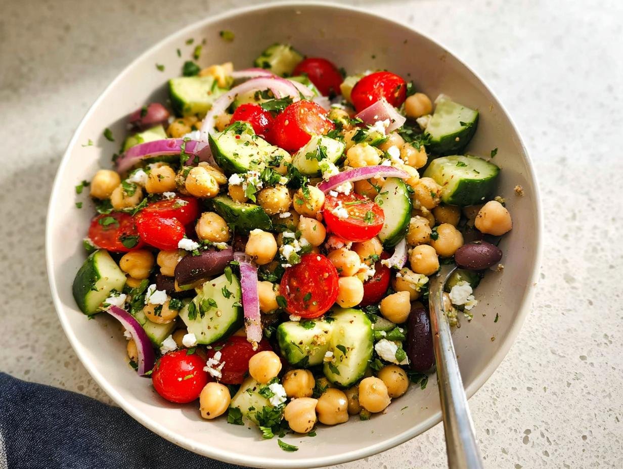 A bowl of vibrant Mediterranean Chickpea Salad with chickpeas, cucumber, tomatoes, red onion, olives, and feta cheese.
