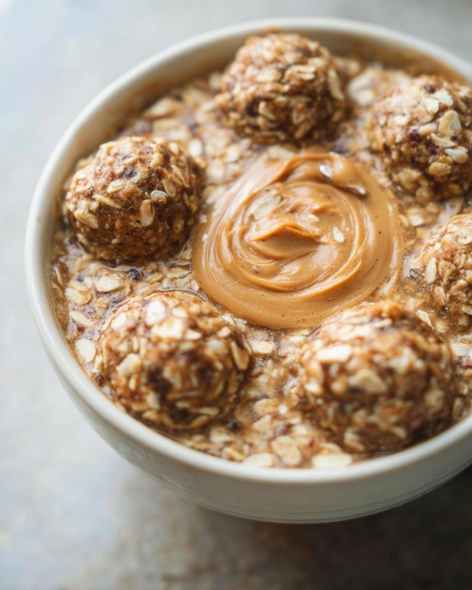 A bowl of Peanut Butter Oatmeal Energy Breakfast topped with energy balls and a swirl of peanut butter.