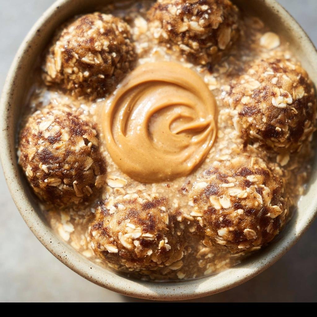 A bowl of Peanut Butter Oatmeal Energy Breakfast with rolled oats and a swirl of peanut butter on top.