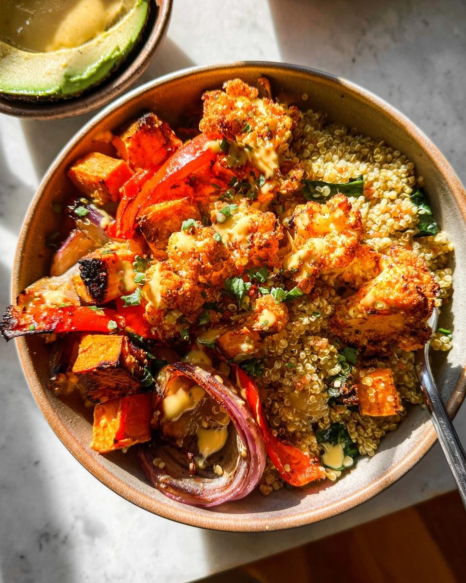 A vibrant Quinoa & Roasted Veggie Bowl filled with colorful roasted vegetables, quinoa, and drizzled with sauce.