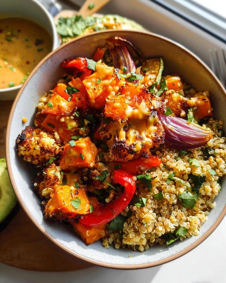 A close-up of a Quinoa & Roasted Veggie Bowl featuring quinoa, roasted sweet potatoes, cauliflower, red onion, and red bell pepper, topped with melted cheese and herbs.