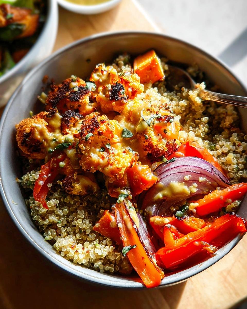 A close-up of a Quinoa & Roasted Veggie Bowl featuring roasted cauliflower, sweet potato, red onion, and bell peppers with a creamy dressing.