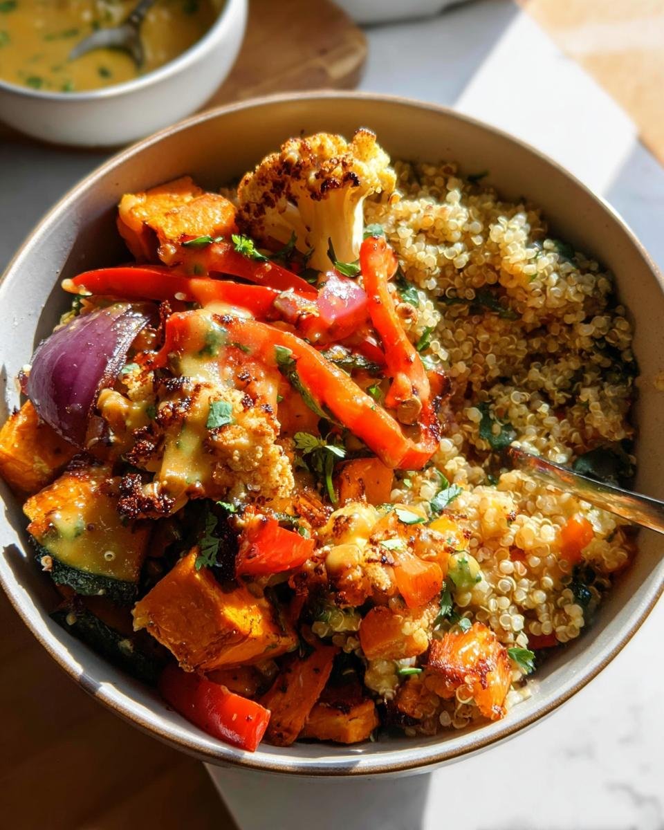 A vibrant Quinoa & Roasted Veggie Bowl filled with colorful roasted vegetables and fluffy quinoa, drizzled with sauce.