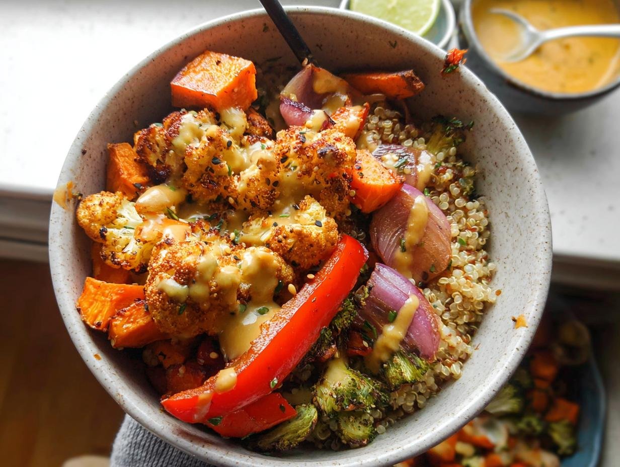 A vibrant Quinoa & Roasted Veggie Bowl filled with roasted cauliflower, sweet potato, red onion, and bell pepper, drizzled with tahini dressing.