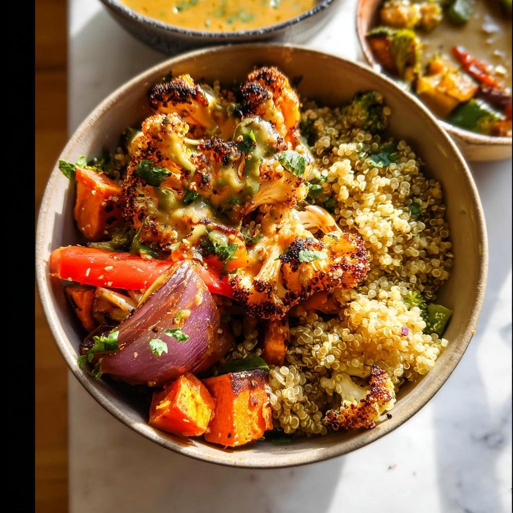 A vibrant Quinoa & Roasted Veggie Bowl featuring roasted cauliflower, sweet potatoes, red onion, and bell peppers with a creamy dressing.