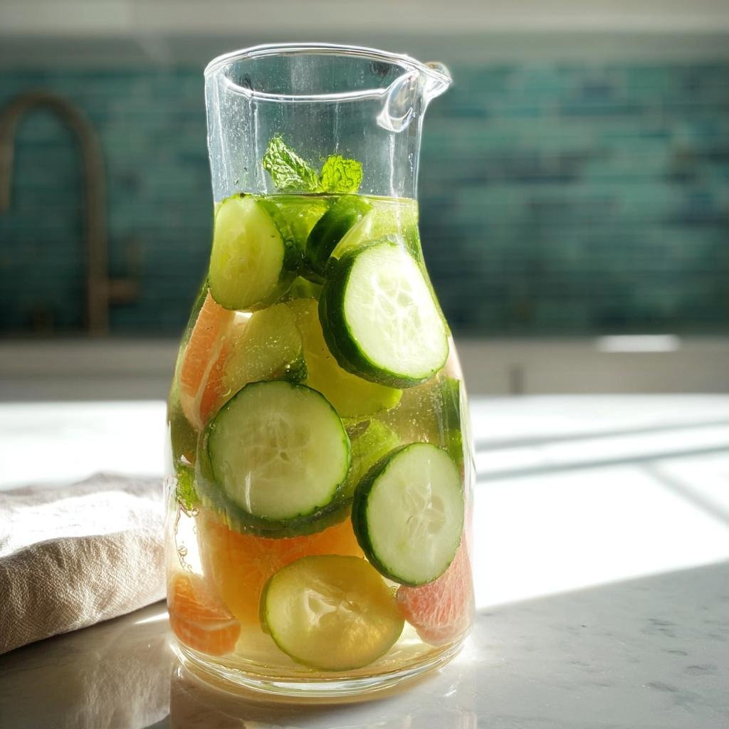 A clear glass pitcher filled with refreshing cucumber detox water, featuring slices of cucumber, citrus, and mint leaves.