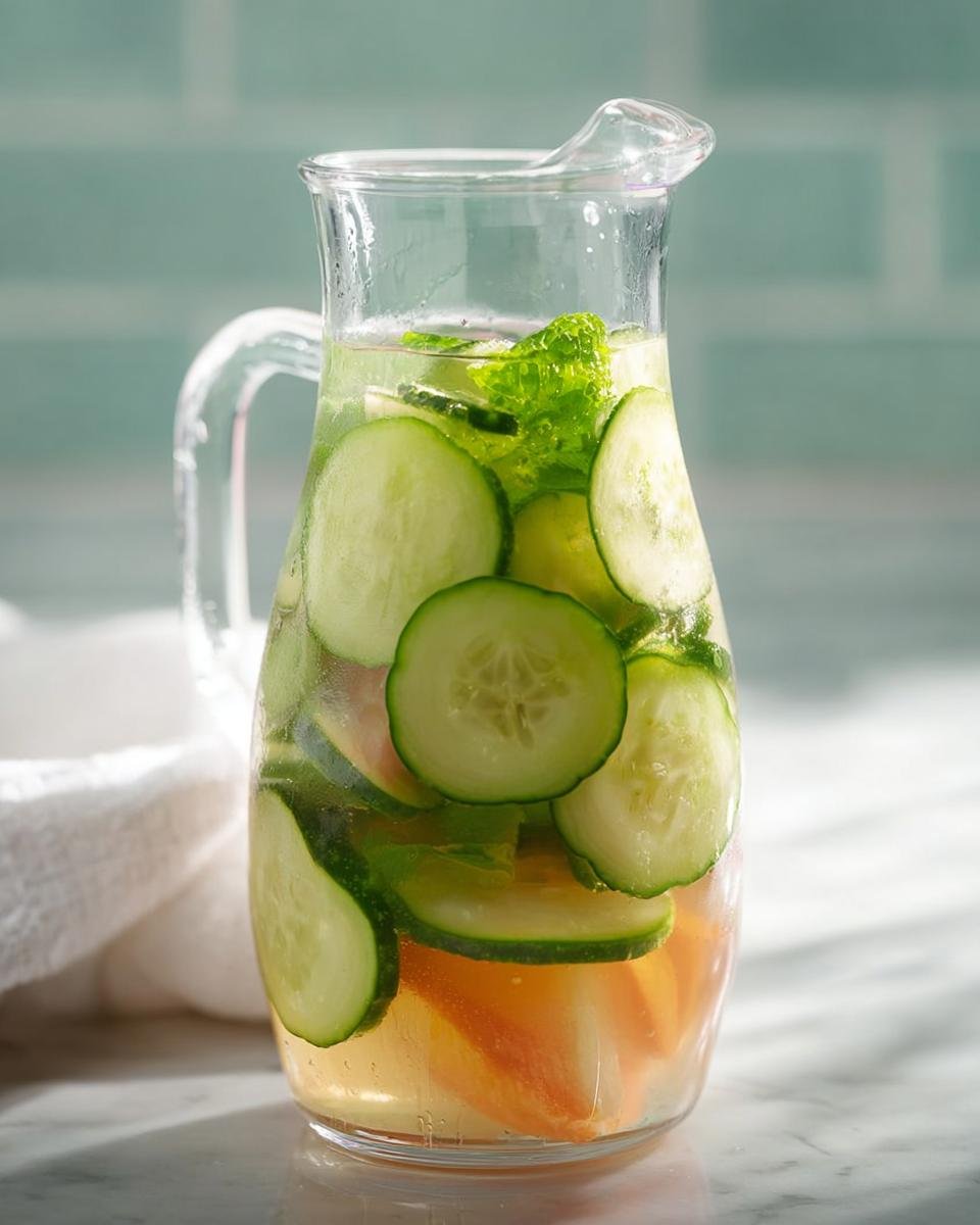 A glass pitcher filled with Refreshing Cucumber Detox Water, featuring cucumber slices, mint, and peach slices.