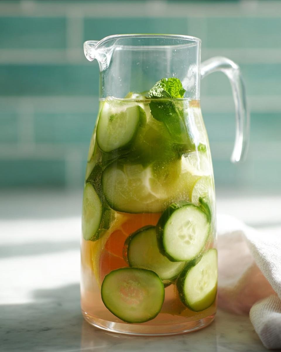 A glass pitcher filled with refreshing cucumber detox water, infused with cucumber slices, lime, and mint.