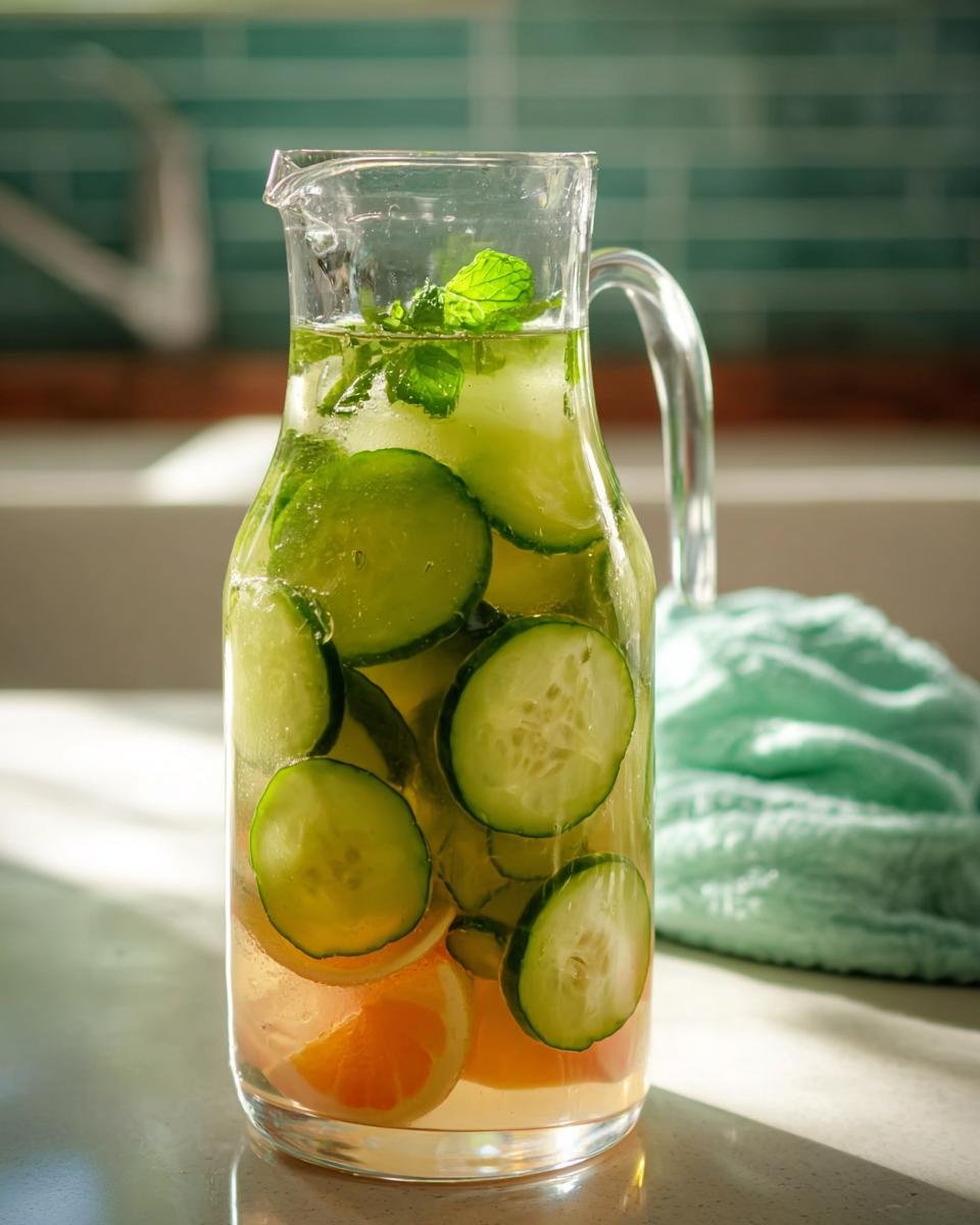 A glass pitcher filled with refreshing cucumber detox water, sliced cucumbers, mint, and orange slices.