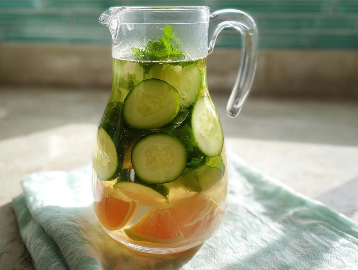 A clear glass pitcher filled with refreshing cucumber detox water, slices of cucumber, mint, and citrus.